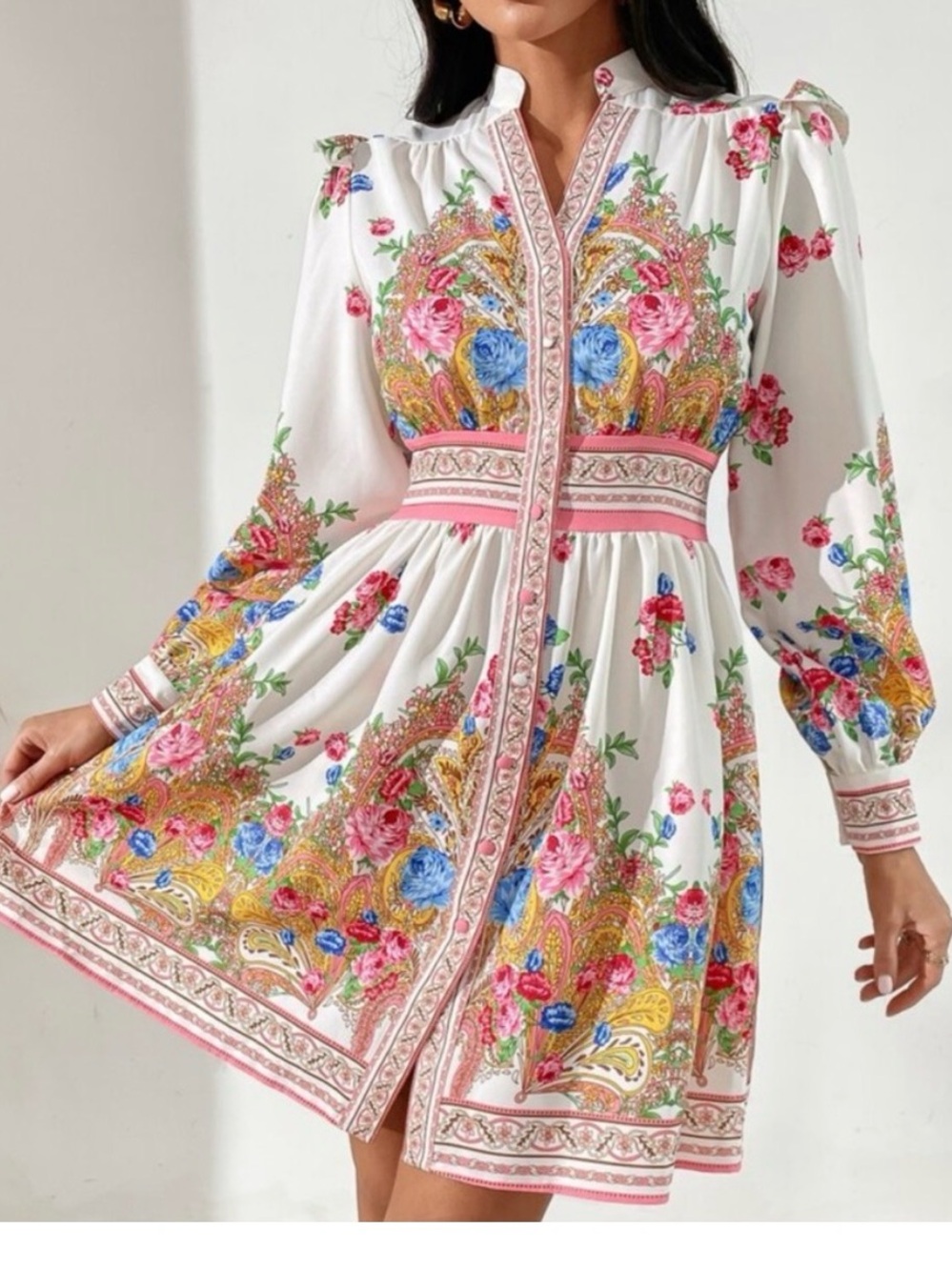 SHEIN White Floral Paisley Mini Dress with Pink & Blue Accents - Picture 1 of 14